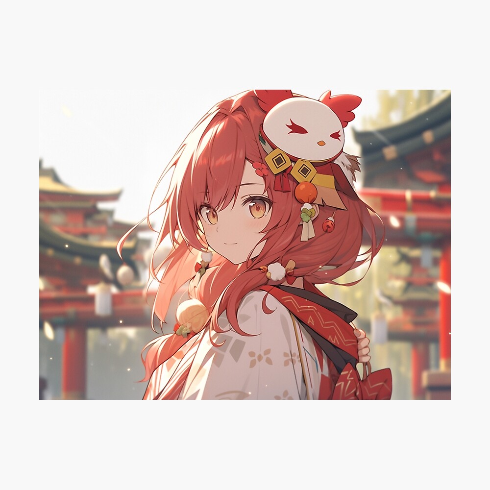 Cute Traditional Red Haired Anime Girl At Temple