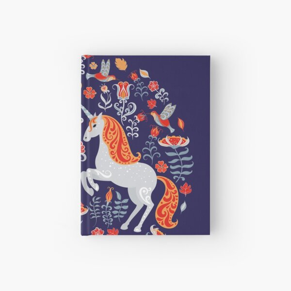 Decorative ornament with unicorns, birds, rabbits and flowers. Hardcover Journal