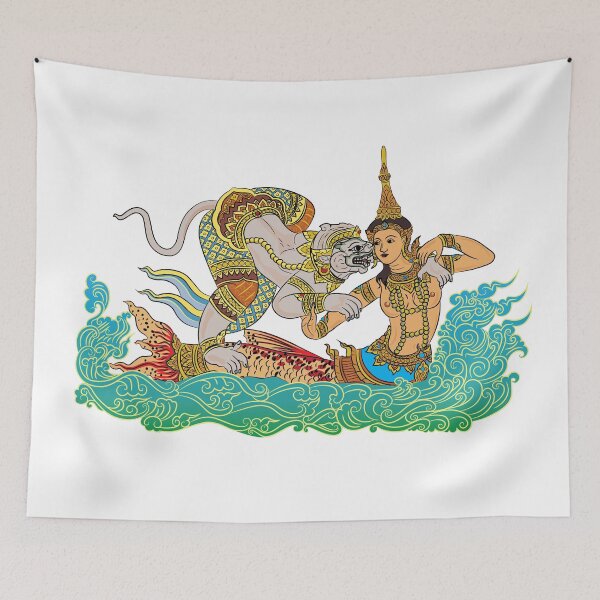 Item preview, Hanuman flirts with mermaid, Wall painting, King of Monkeys, Modern Thai Art, Thai literature, Souvenir, Amazing Thailand designed and sold by Kasalongdesign.
