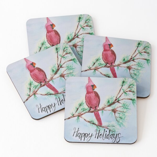 Item preview, Happy Holidays - red Cardinal on snowy pine branch designed and sold by RockPaperArt.
