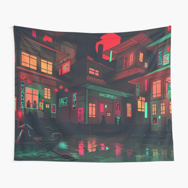 The Neon Shallows Night City Market Tapestry