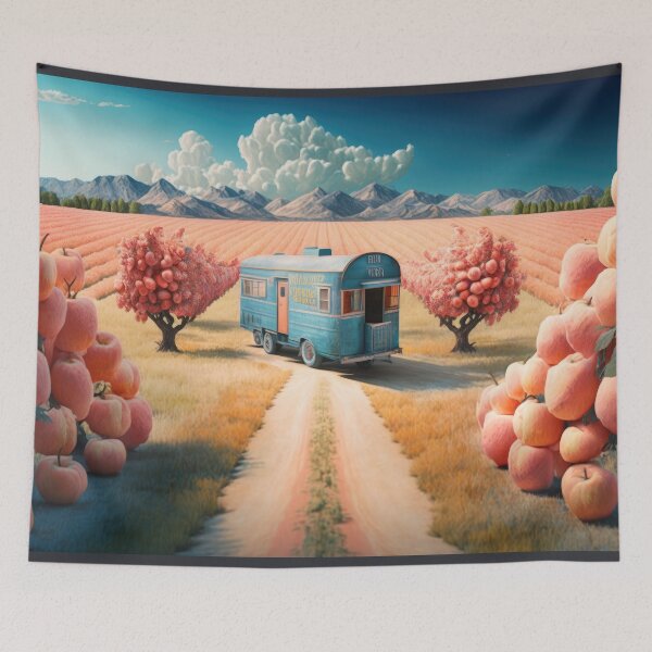 Item preview, Rural Landscape with Peach Orchard and Trailer designed and sold by Shannon Hilson.