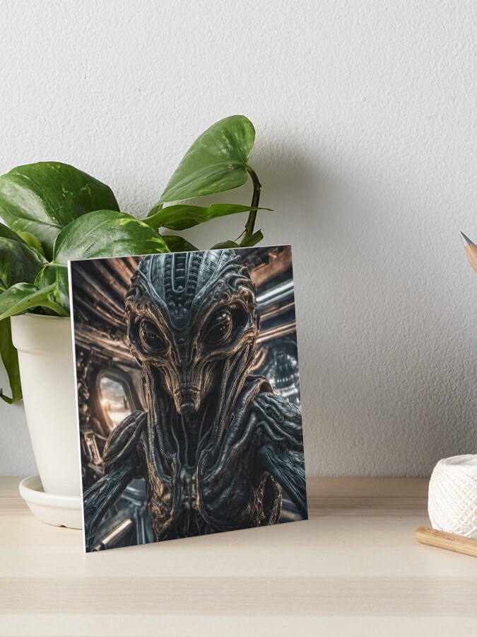 Thumbnail 1 of 2, Art Board Print, Alien takes a selfie in his Spaceship designed and sold by LenCarol.