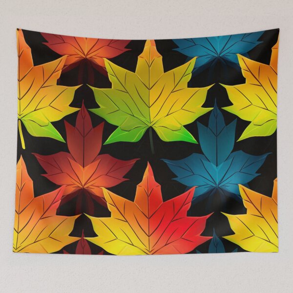 Item preview, Colorful fantasy pattern black blue red orange green ornament maple leaves designed and sold by G-M-Designs.