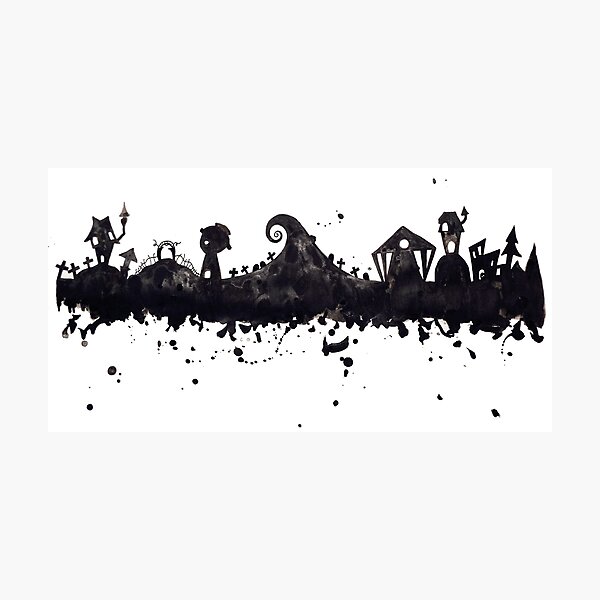 Item preview, Halloween Town Nightmare Before Christmas Inspired Watercolor Skyline designed and sold by tachadesigns.
