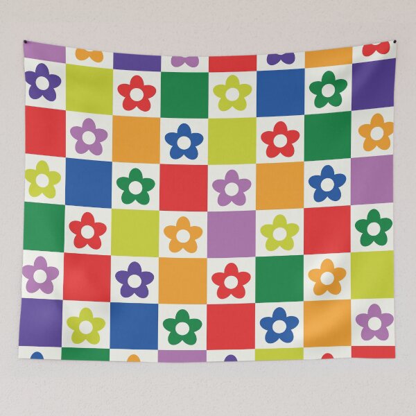 Item preview, Checkered Retro Flowers Pattern  in Rainbow Colors designed and sold by Yasminepatterns .