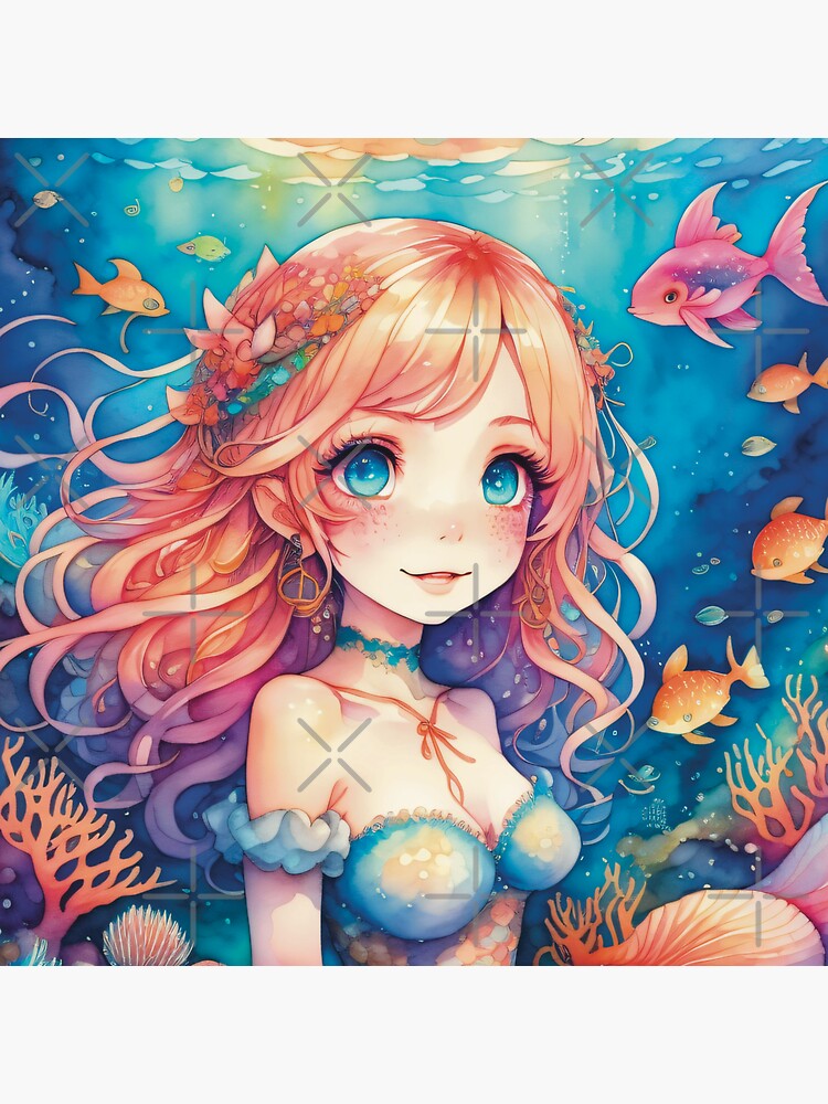 Belle Sirène D'anime Aux Cheveux Blonds Bouclés Et Queue De Poisson Blanc  Brillant Assis Sur Le Rocher De La Mer Avec Des Algues. Illustration  Dessinée à La Main | Vecteur Premium