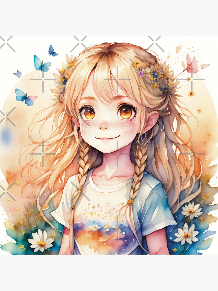 cute anime little girl with blonde hair - watercolor ai artwork | Sticker