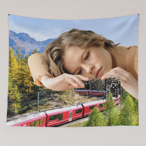 Item preview, Surreal Art Print: 'Domino Train' - Captivating Giantess Sets Dominos Along Moving Mountain Train - Perfect Gift for Model Train Enthusiasts designed and sold by GollyWillikers.