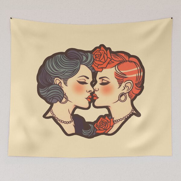 Item preview, Queer kiss | Vintage retro queer traditional tattoo art (beige background color) designed and sold by QinkQueerTats.