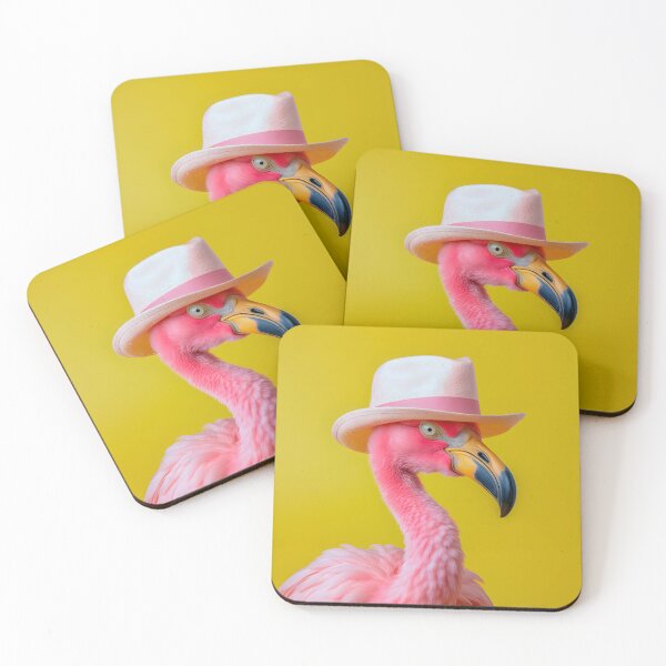Item preview, Flamingo portrait with hat on yellow background. designed and sold by DesignAstur.