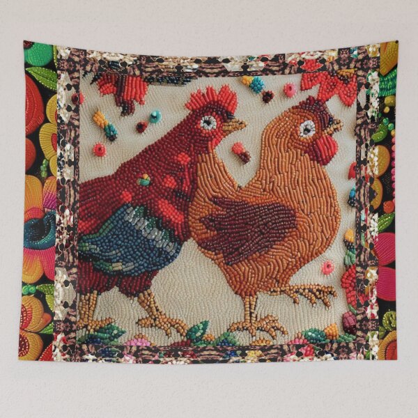 Item preview, Vintage farmyard tapestry chickens designed and sold by RachelRebel.