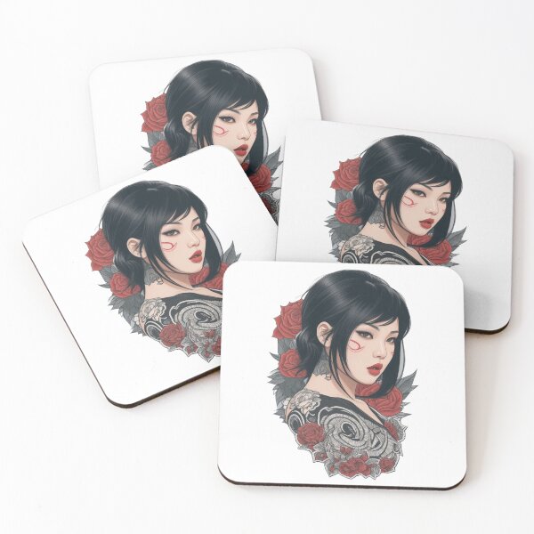 Item preview, Tattooed Brunette Asian Girl With Roses 3 designed and sold by RabbitPrints.