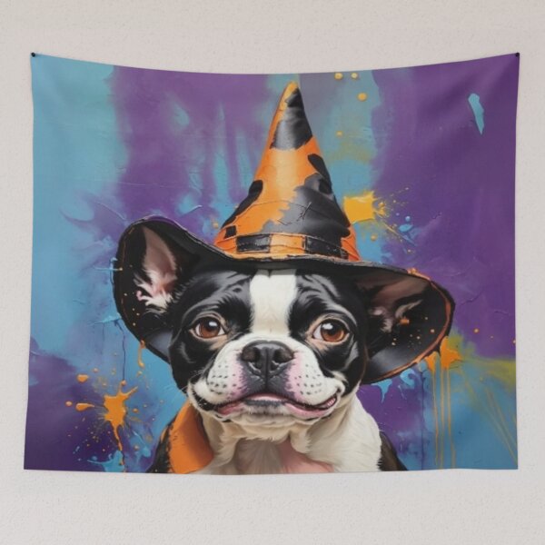 Item preview, Boston Terrier Dog Portrait With a Halloween Hat designed and sold by Wolfheartart.