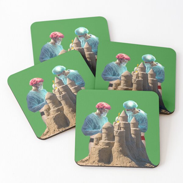 Item preview, Whimsical "Surgeon's Holiday Solo In Green" Collage Art Print: Scrubs-clad Surgeons Building a Sandcastle - Perfect For Healthcare Professionals designed and sold by GollyWillikers.