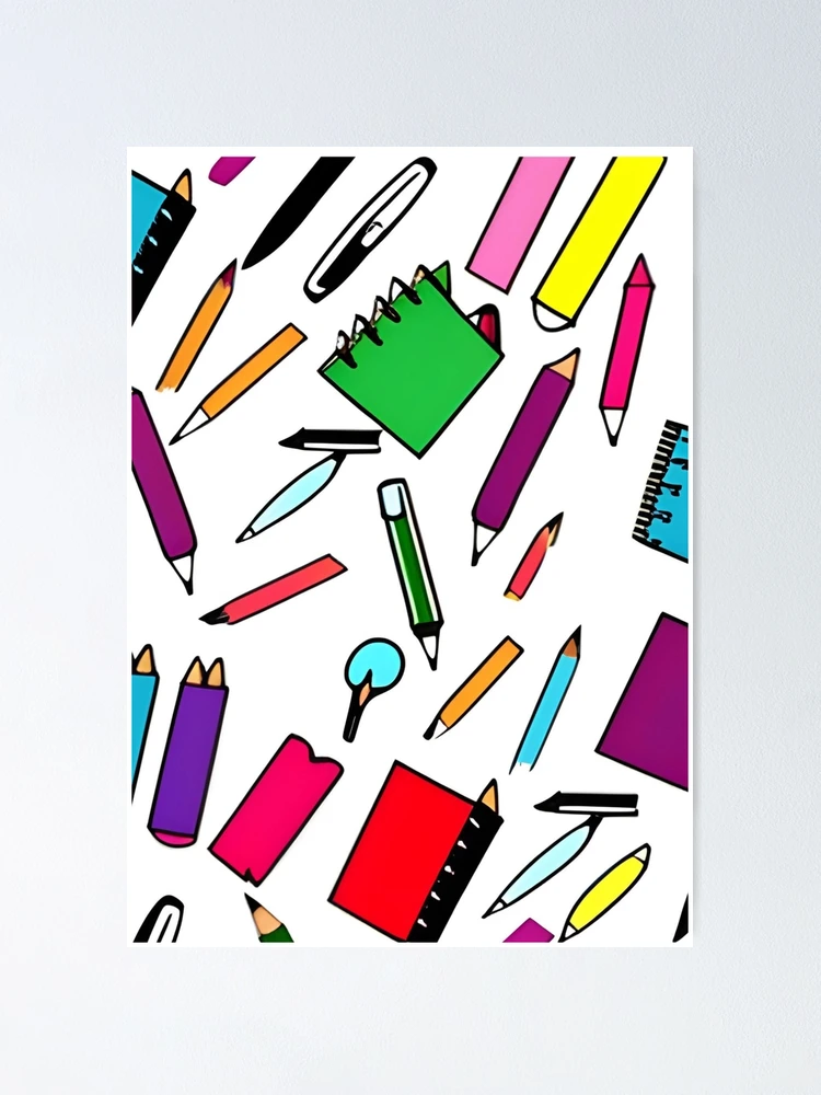 Kawaii Back to School Supplies Doodle Pattern Poster for Sale by