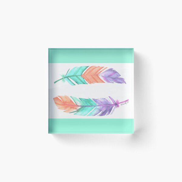 Colorful Watercolor Feather Painting Acrylic Block