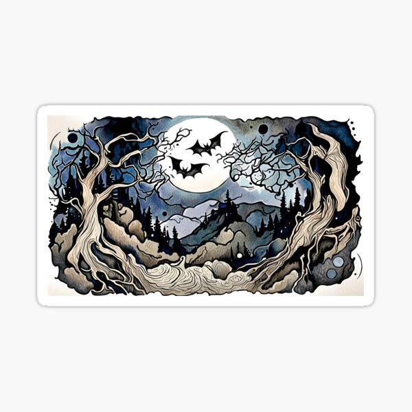 Moonlit Fantasy Scene with Bats Sticker
