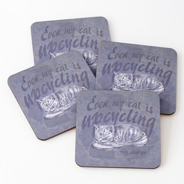 Item preview, Sleeping kitten in old shoe - purple marbled version, Upcycling text in English. designed and sold by SylvieG18.