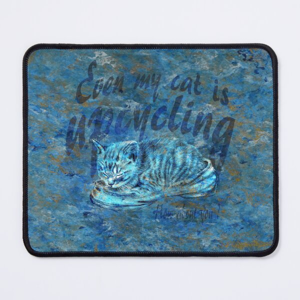 Item preview, Sleeping kitten in old shoe - marbled blue-gold version, Upcycling text in English. designed and sold by SylvieG18.