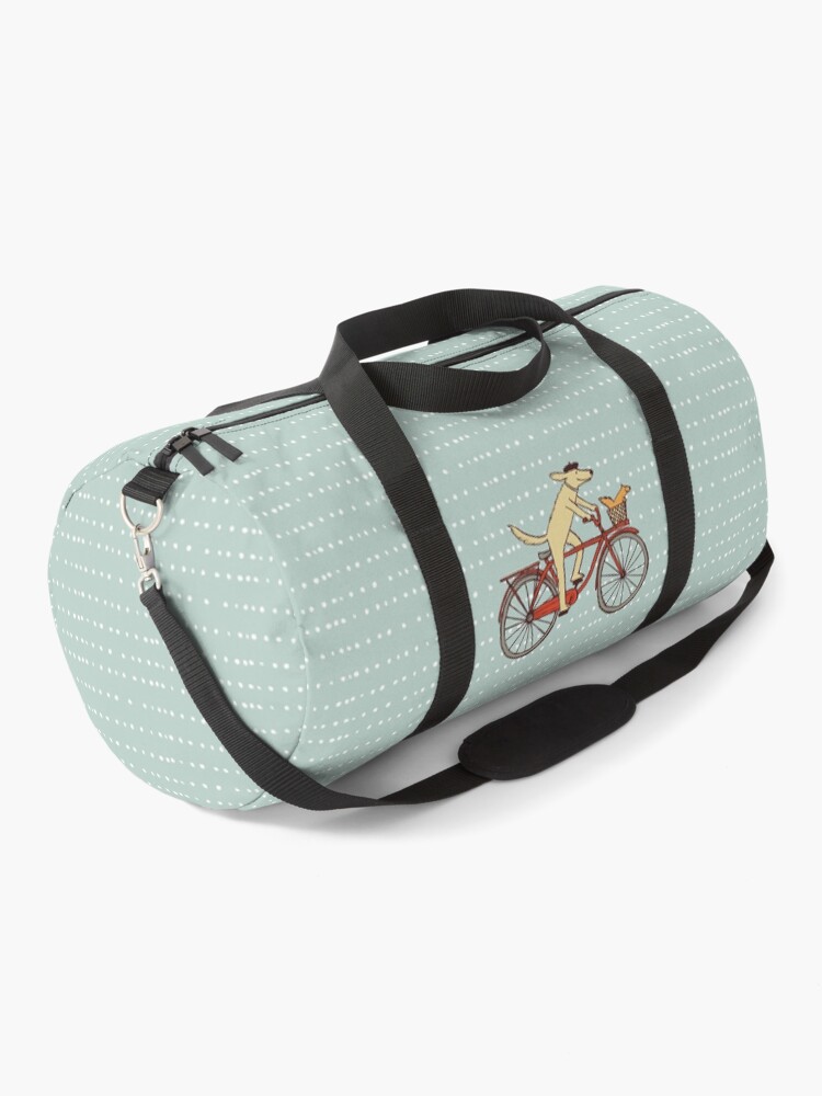 Thumbnail 1 of 3, Duffle Bag, Dog and Squirrel are Friends | Whimsical Animal Art | Dog Riding a Bicycle designed and sold by ShortCoffee.