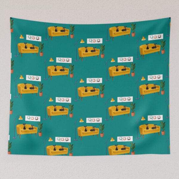 Item preview, Mid Century Cats on Yellow Retro Sofa Fitted V-Neck  designed and sold by ratrehaa.