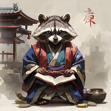 Anime Pastel Dream racoon reading while wearing japanese feuda