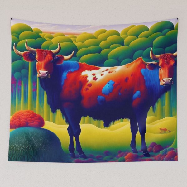 Item preview, Red and blue cow in forest designed and sold by M-Y-A-R-T-.