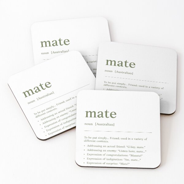 Item preview, Mate |  Olive text on White | Funny Australian slang, phrase and humor definition designed and sold by Magic Mango.
