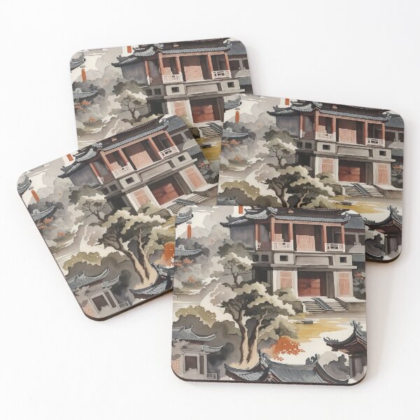 Item preview, A group of chinese buildings with trees. designed and sold by VintagesRevival.