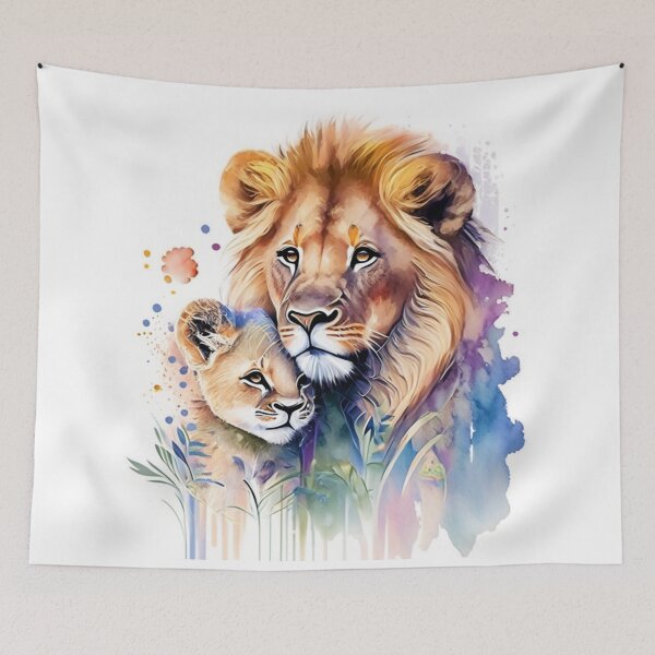 Item preview, Maternal Charm: Watercolor depiction of a lion with its lion cub designed and sold by byaz3.