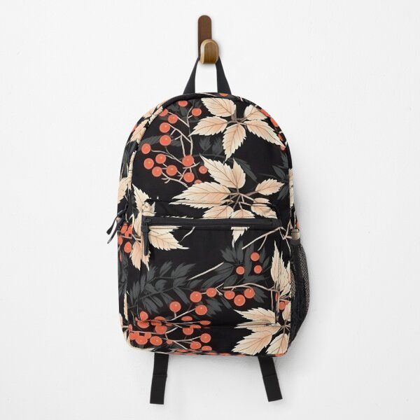 Item preview, Autumn Floral Pattern of maple leaf and rowan berry on a black background designed and sold by Hexitement.