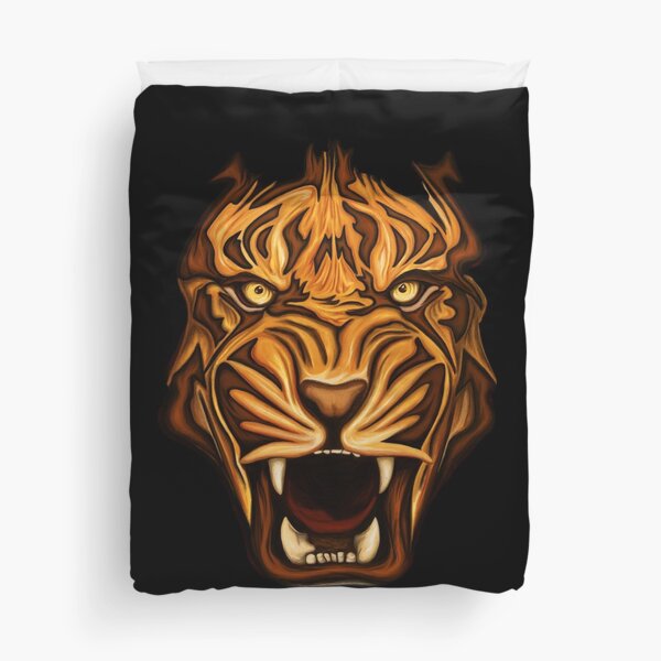 Roaring Tiger face with tattoo style, powerful animal Duvet Cover