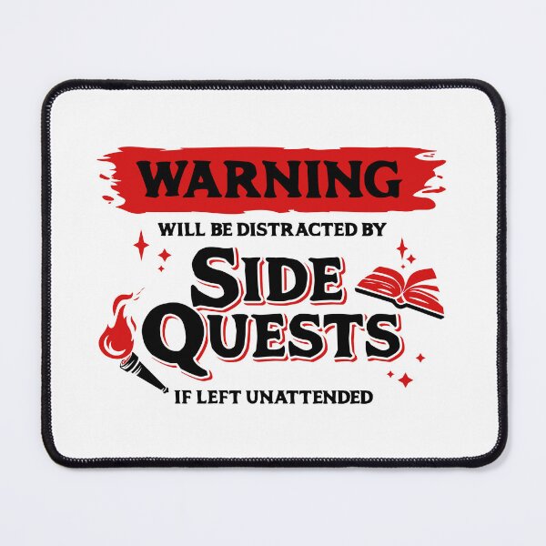 Item preview, Distracted by Side Quests if Left Unattended Dark Red Warning Label designed and sold by wolfkin-design.