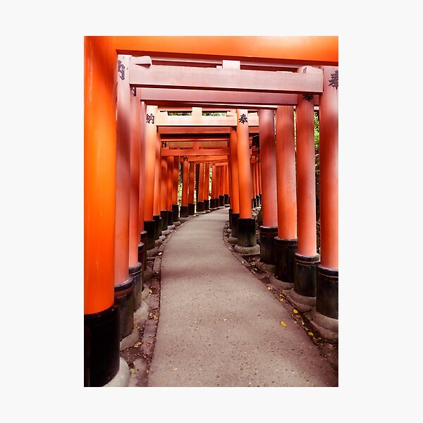 Item preview, Senbon torii long path of Vermillion red Torii gates at Fushimi Inari shrine in Kyoto art photo print designed and sold by AwenArtPrints.