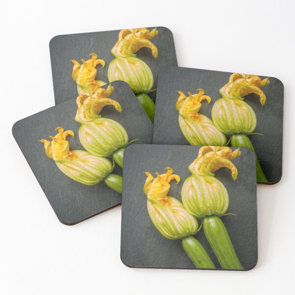Item preview, Two courgettes, flowers attached on slate background designed and sold by bailey-cooper.