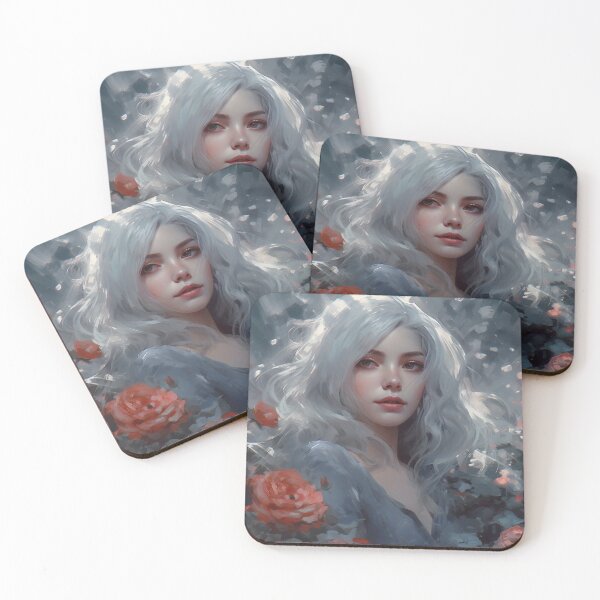 Item preview, Ethereal Elegance: A Silver-Haired Maiden Amidst Roses designed and sold by oanaunciuleanu.