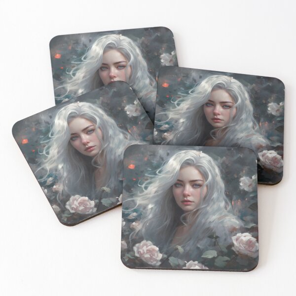 Item preview, Ethereal Elegance: A Silver-Haired Maiden Amidst Roses designed and sold by oanaunciuleanu.