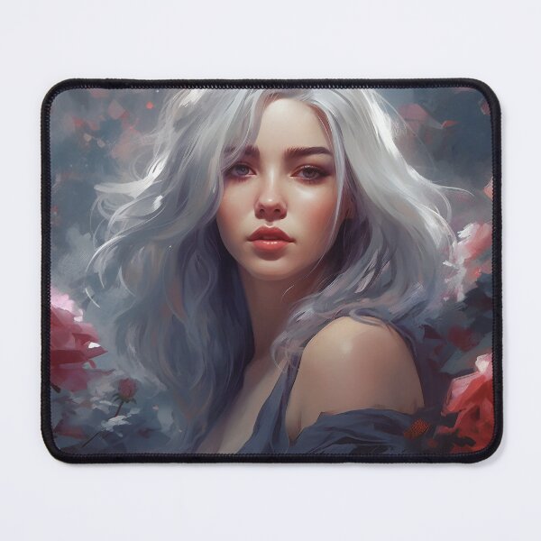 Item preview, Ethereal Elegance: A Silver-Haired Maiden Amidst Roses designed and sold by oanaunciuleanu.