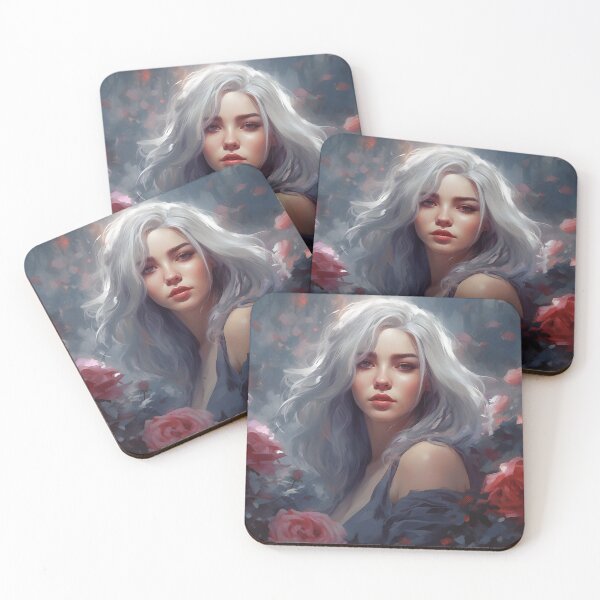 Item preview, Ethereal Elegance: A Silver-Haired Maiden Amidst Roses designed and sold by oanaunciuleanu.