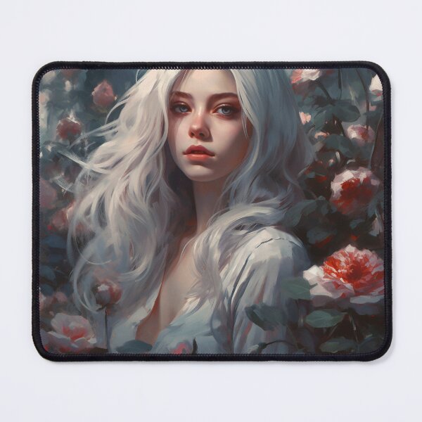 Item preview, Ethereal Elegance: A Silver-Haired Maiden Amidst Roses designed and sold by oanaunciuleanu.