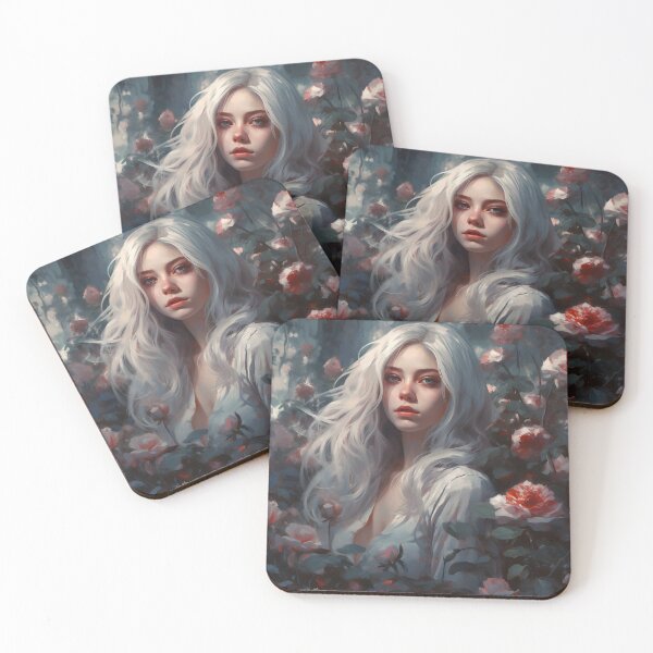 Item preview, Ethereal Elegance: A Silver-Haired Maiden Amidst Roses designed and sold by oanaunciuleanu.