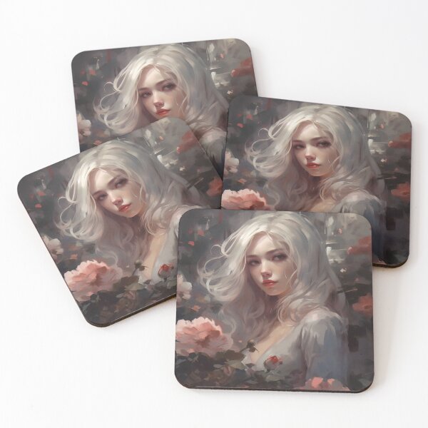 Item preview, Ethereal Elegance: A Silver-Haired Maiden Amidst Roses designed and sold by oanaunciuleanu.