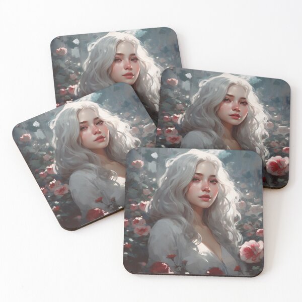 Item preview, Ethereal Elegance: A Silver-Haired Maiden Amidst Roses designed and sold by oanaunciuleanu.
