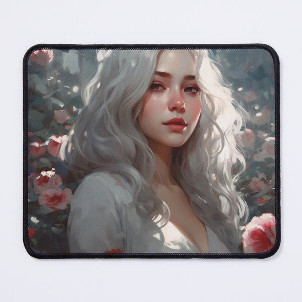 Item preview, Ethereal Elegance: A Silver-Haired Maiden Amidst Roses designed and sold by oanaunciuleanu.