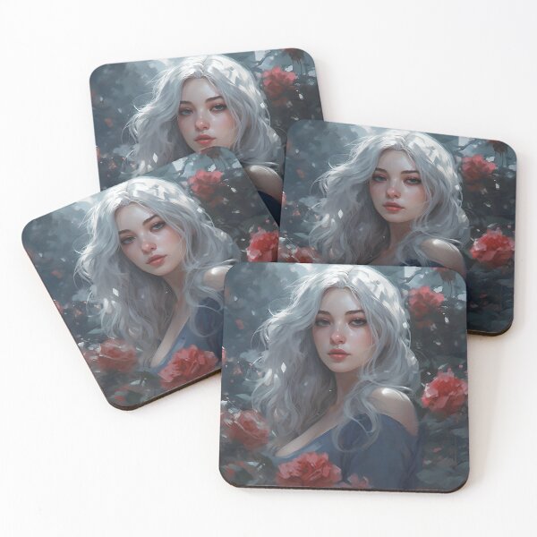 Item preview, Ethereal Elegance: A Silver-Haired Maiden Amidst Roses designed and sold by oanaunciuleanu.