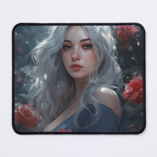 Item preview, Ethereal Elegance: A Silver-Haired Maiden Amidst Roses designed and sold by oanaunciuleanu.