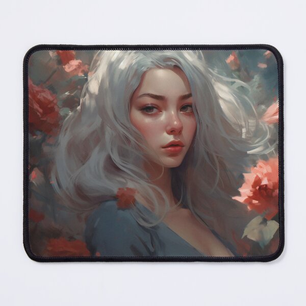 Item preview, Ethereal Elegance: A Silver-Haired Maiden Amidst Roses designed and sold by oanaunciuleanu.