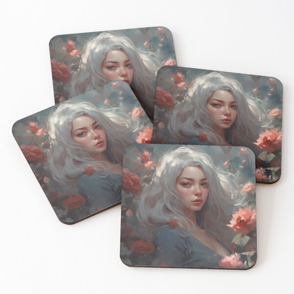 Item preview, Ethereal Elegance: A Silver-Haired Maiden Amidst Roses designed and sold by oanaunciuleanu.