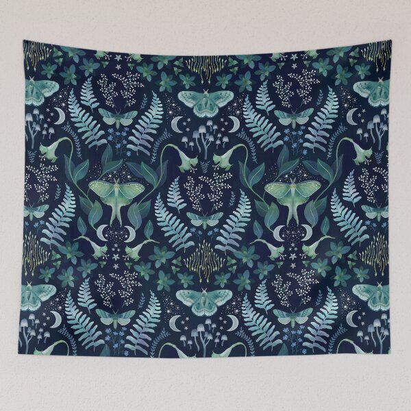 Item preview, Leafy evening moth garden damask on deepest blue designed and sold by adenaJ.
